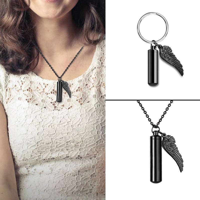 Dletay Cylinder Cremation Urn Necklace for Ashes Memorial Keepsake Pendant with Angel Wing Stainless Steel Remembrance Jewelry(Black) - Image 3